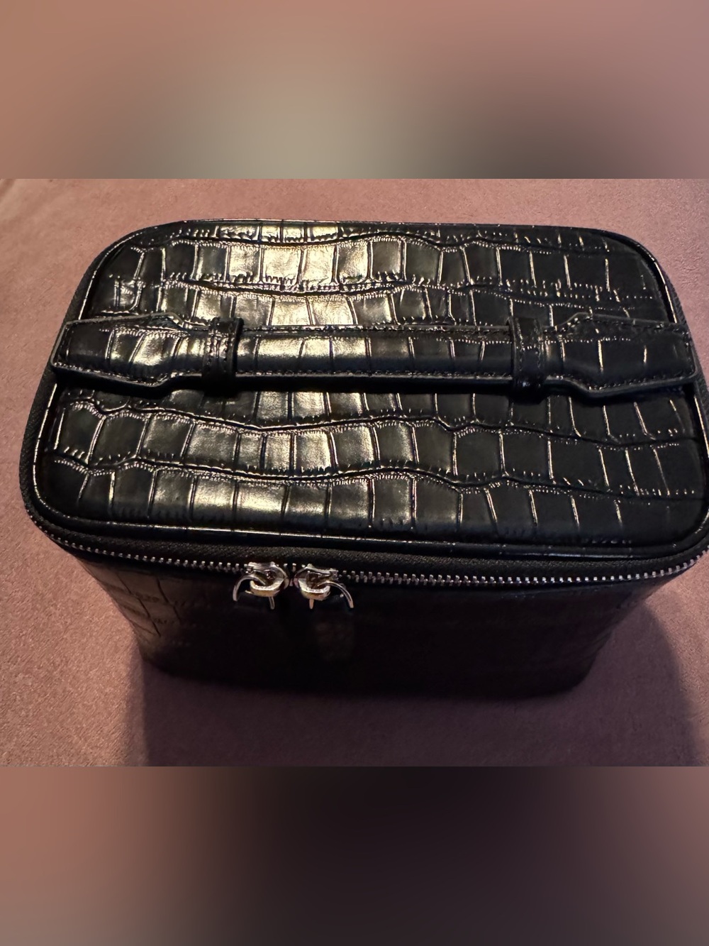 Croc-Embossed Shiny Black Zip Cosmetic Case NWOT